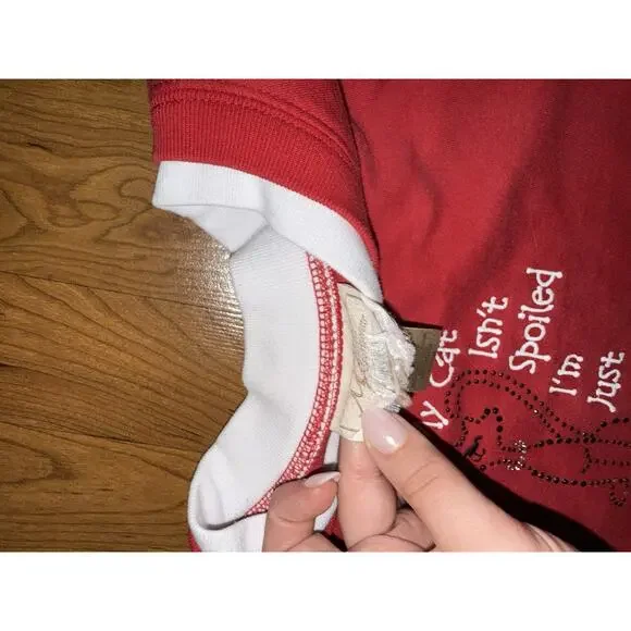 VTG 90s Red Embroidered Spoiled Cat Sweatshirt Women's XL Double Collar Grandma - Picture 3 of 4